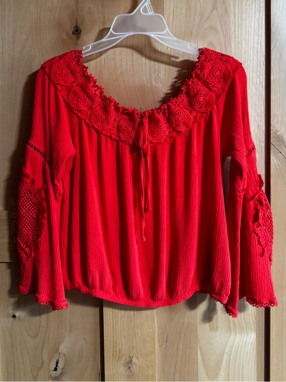Guess Red Crochet-Trim Peasant Blouse